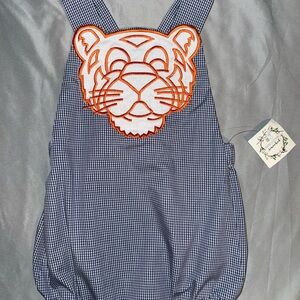 Auburn Blue Gingham Romper with Tiger